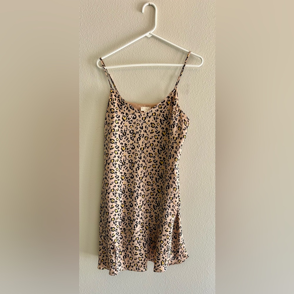 Hem & Thread Women’s L Beige Black Silky Animal Print Leopard Slip Mini Dress